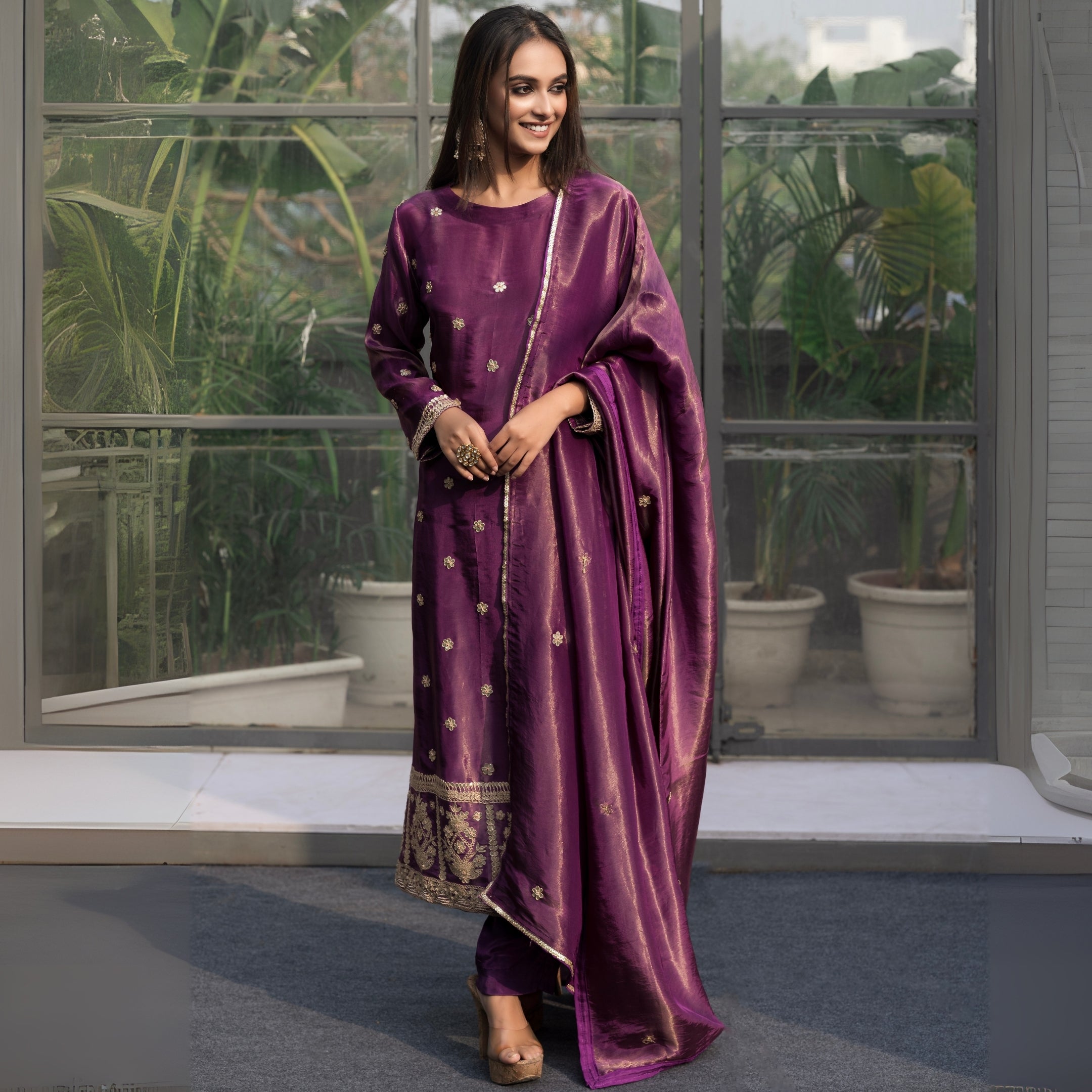 Plum Purple Embroidered Silk Kurta Set with Dupatta – Festive & Wedding Guest Outfit
