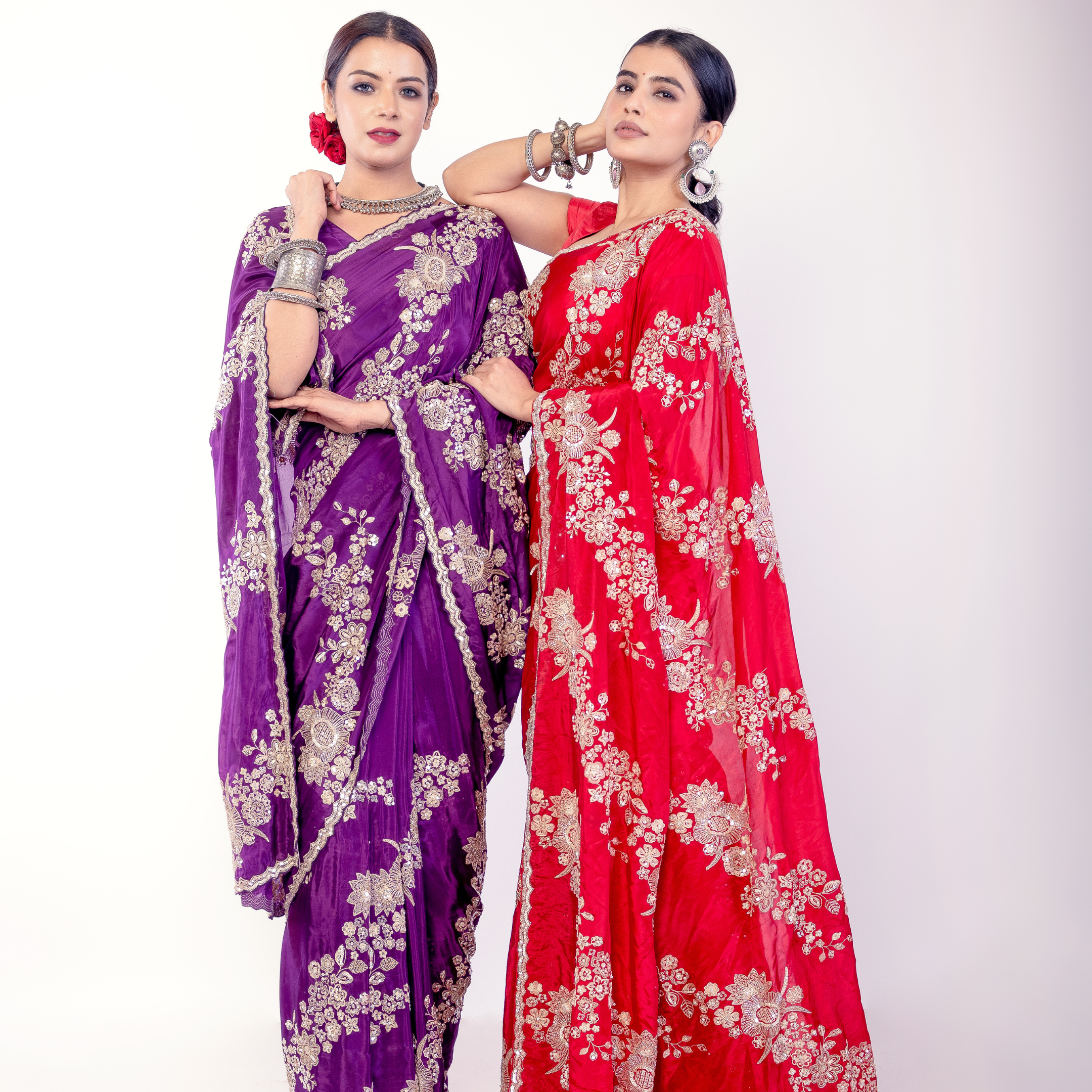 Heavy Embroidered Velvet Saree with Golden Thread Work – Dual Shades