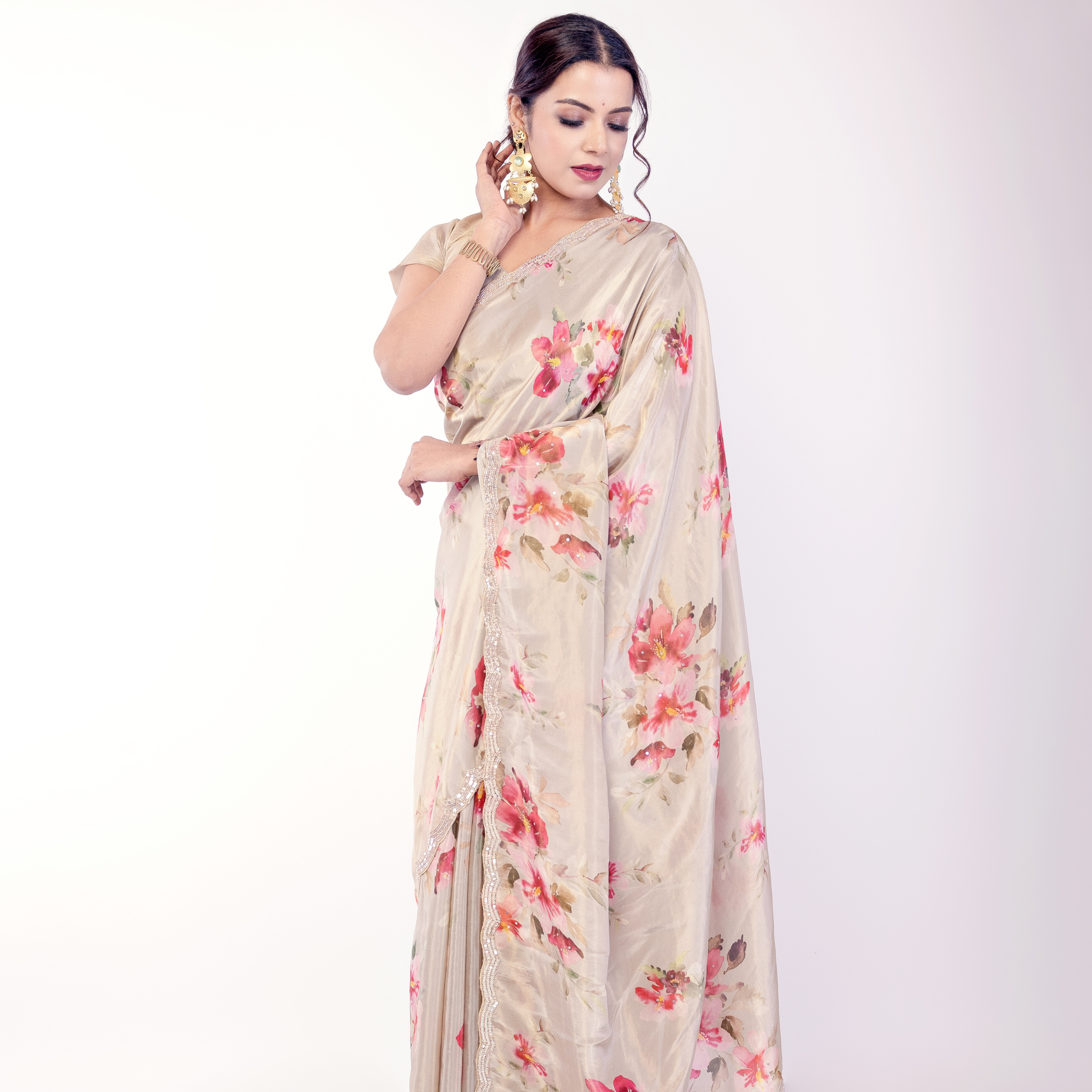 Floral Printed Satin Silk Saree with Subtle Embellished Border – Ivory White