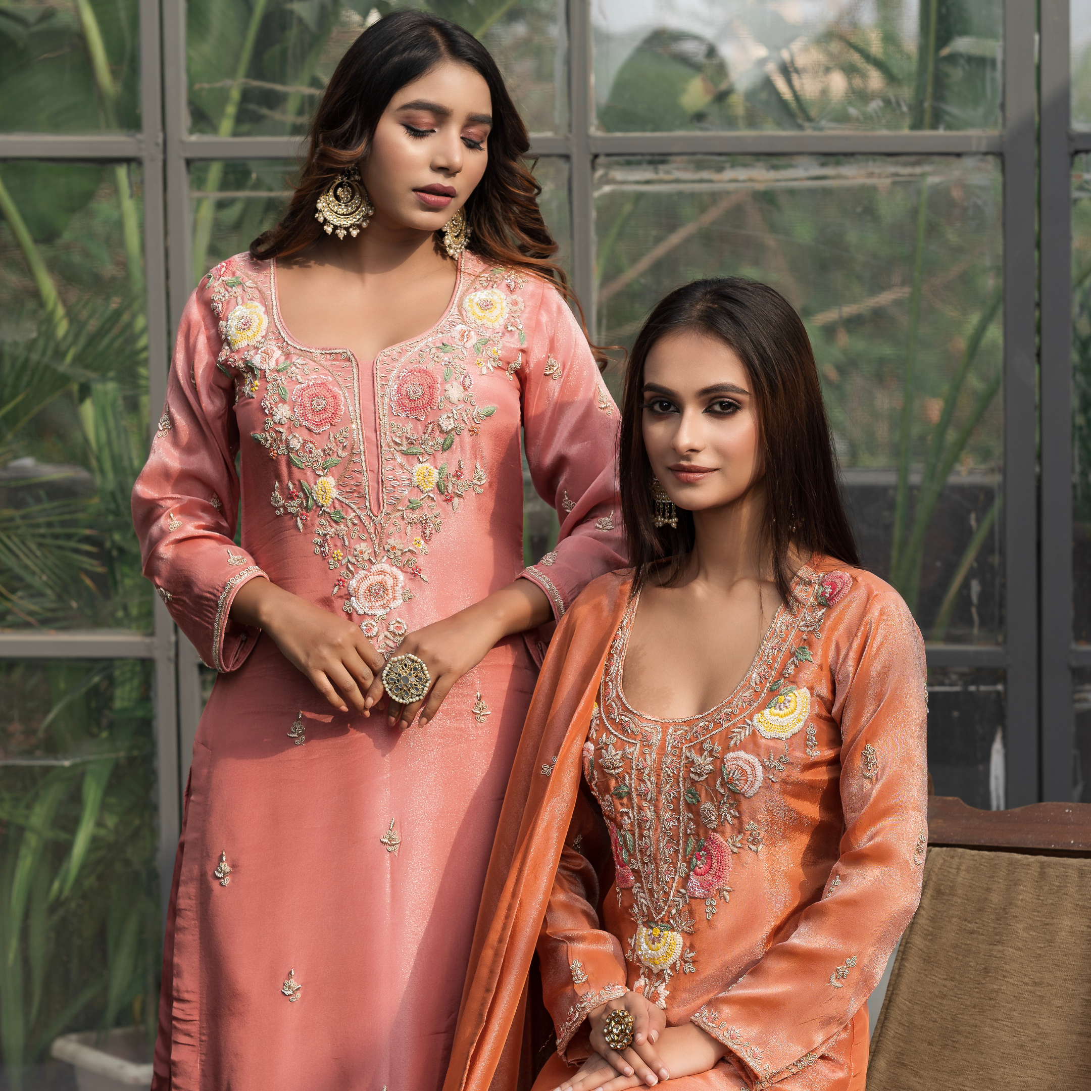 Peach & Orange Embroidered Kurta Set – Festive Duo Collection