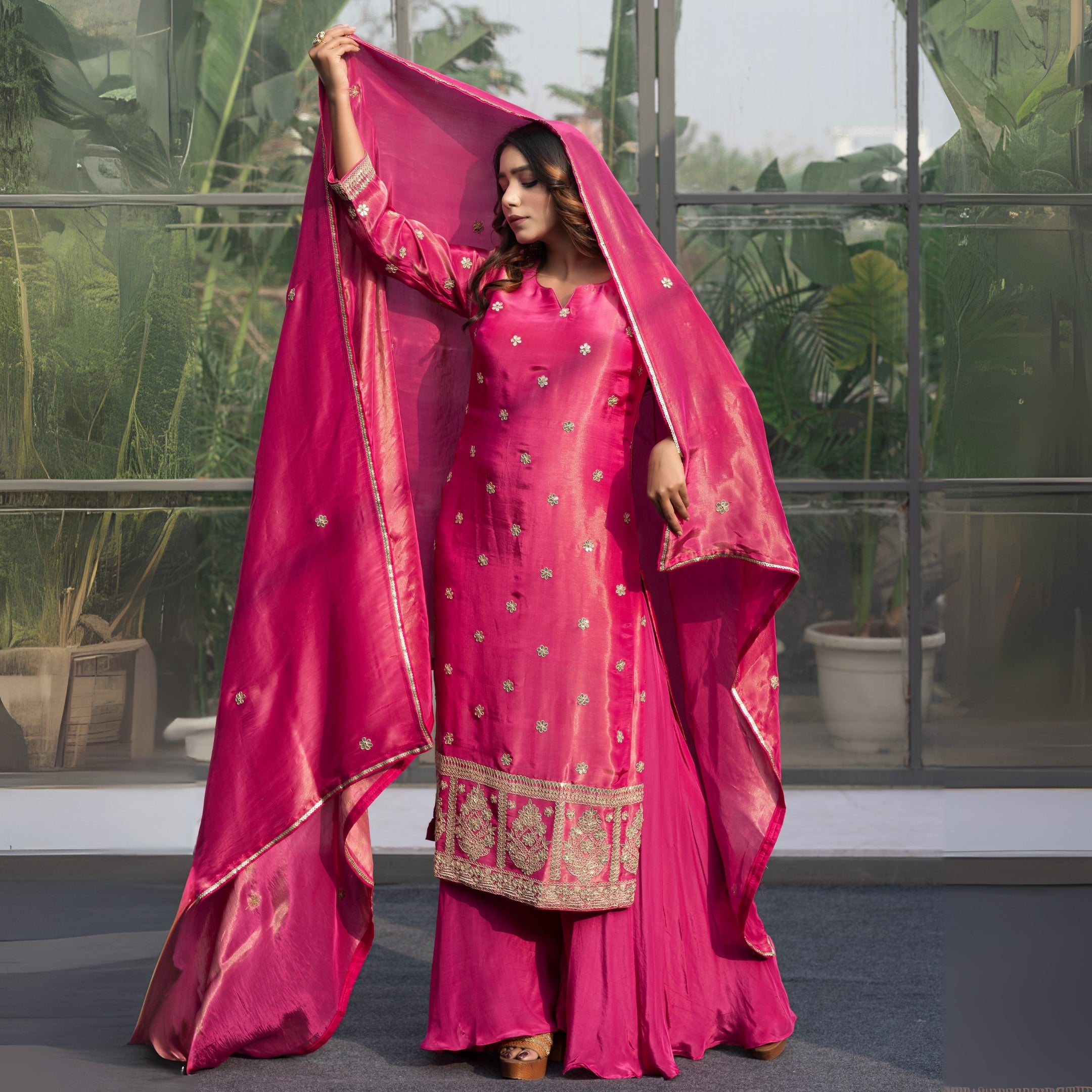 Fuchsia Pink Embroidered Silk Kurta Sharara Set with Dupatta – Festive & Wedding Wear