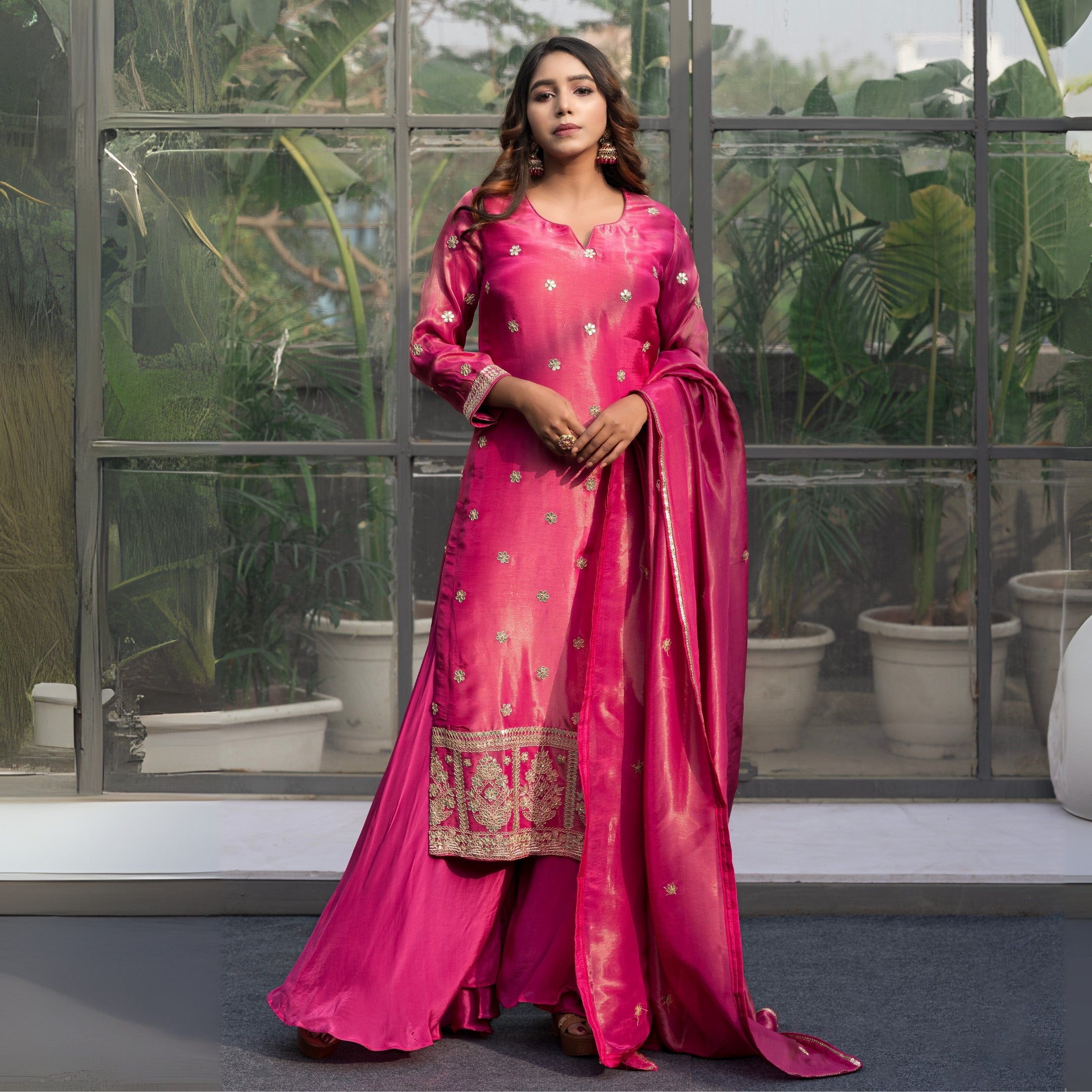 Fuchsia Pink Embroidered Silk Kurta Sharara Set with Dupatta – Festive & Wedding Wear