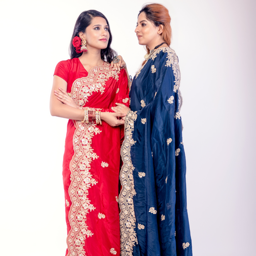 Embroidered Silk Saree with Intricate Golden Border – Dual Shades