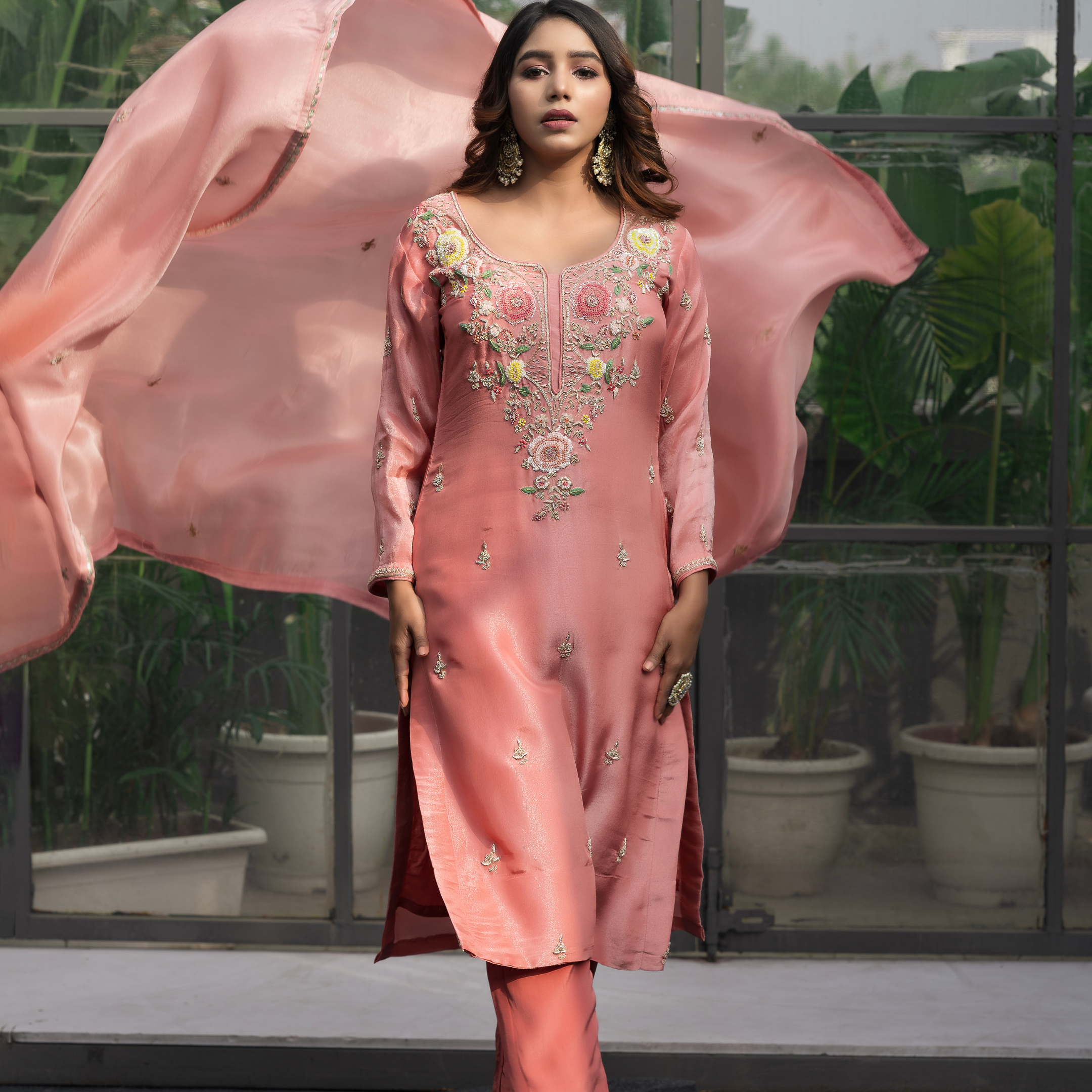 Peach & Orange Embroidered Kurta Set – Festive Duo Collection