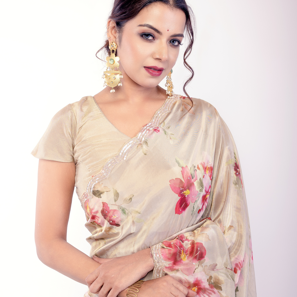 Floral Printed Satin Silk Saree with Subtle Embellished Border – Ivory White