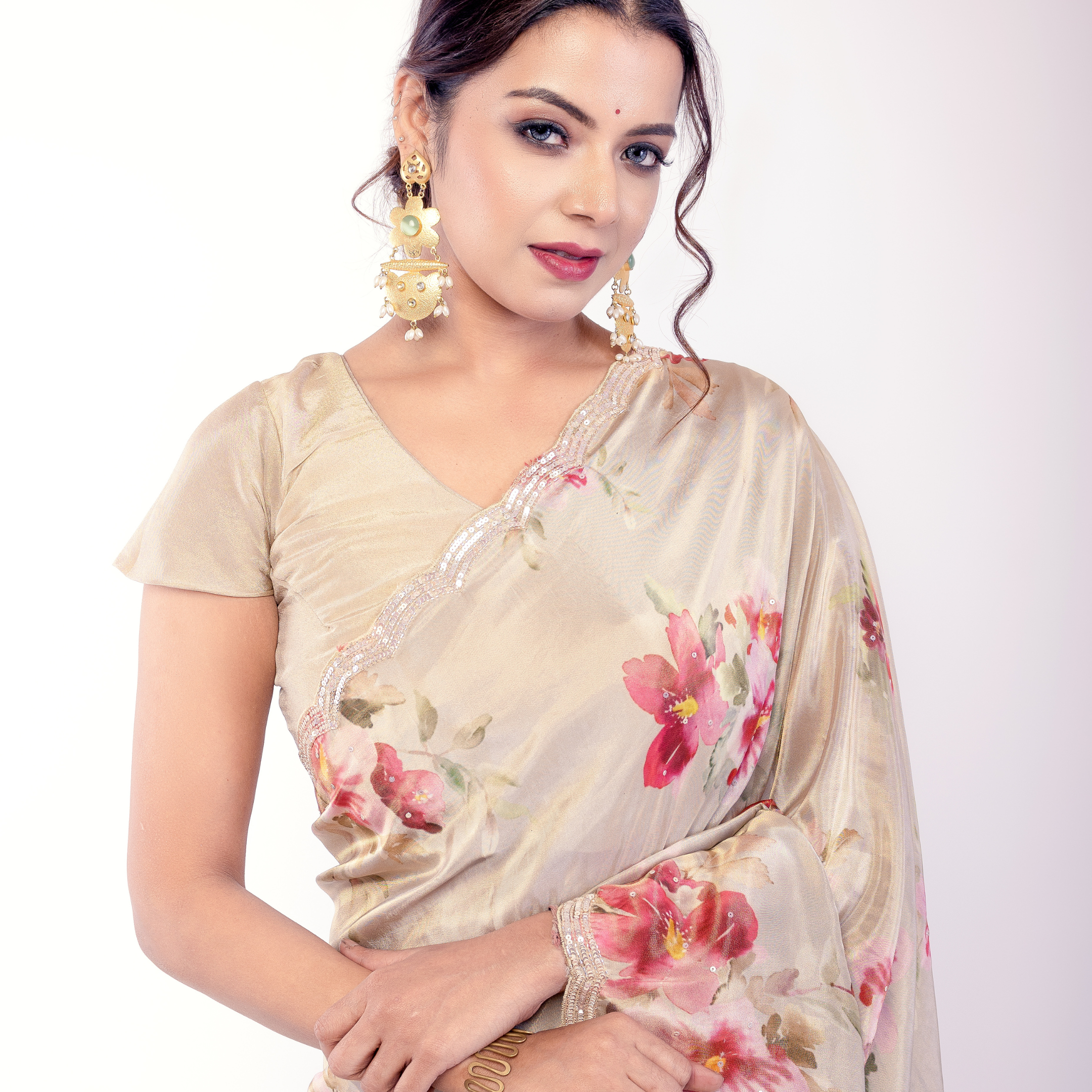 Floral Printed Satin Silk Saree with Subtle Embellished Border – Ivory White