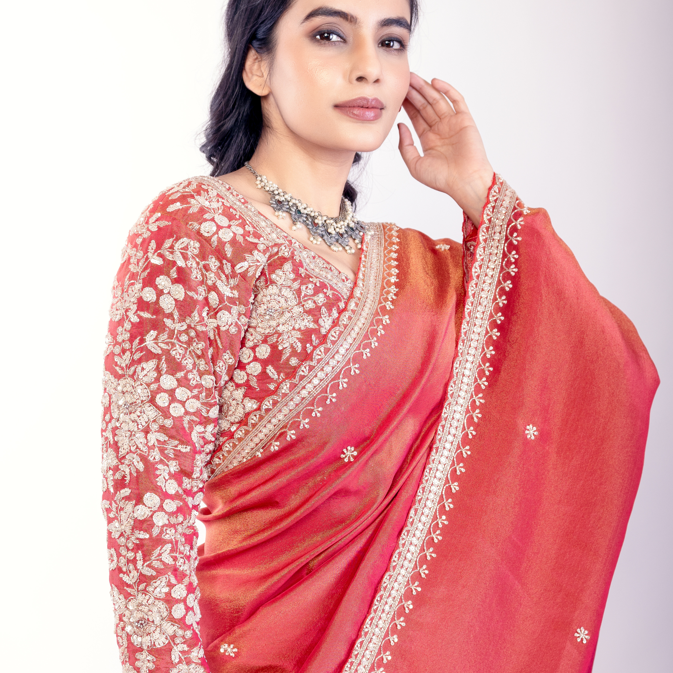 Lightweight Silk Saree with Subtle Embroidery & Contrast Blouse