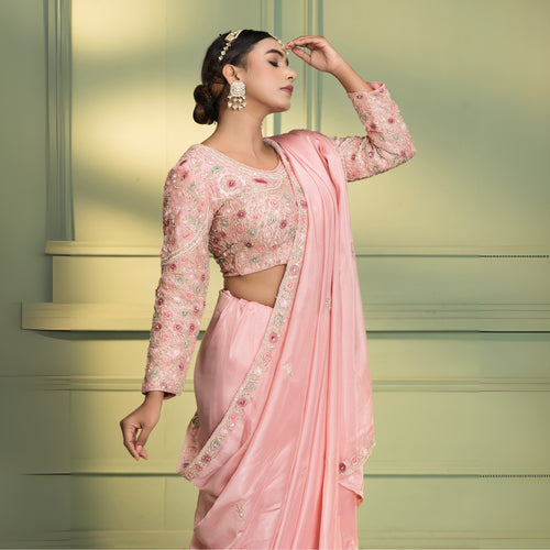 Blush Pink Tissue Embroidered Saree with Readymade Blouse
