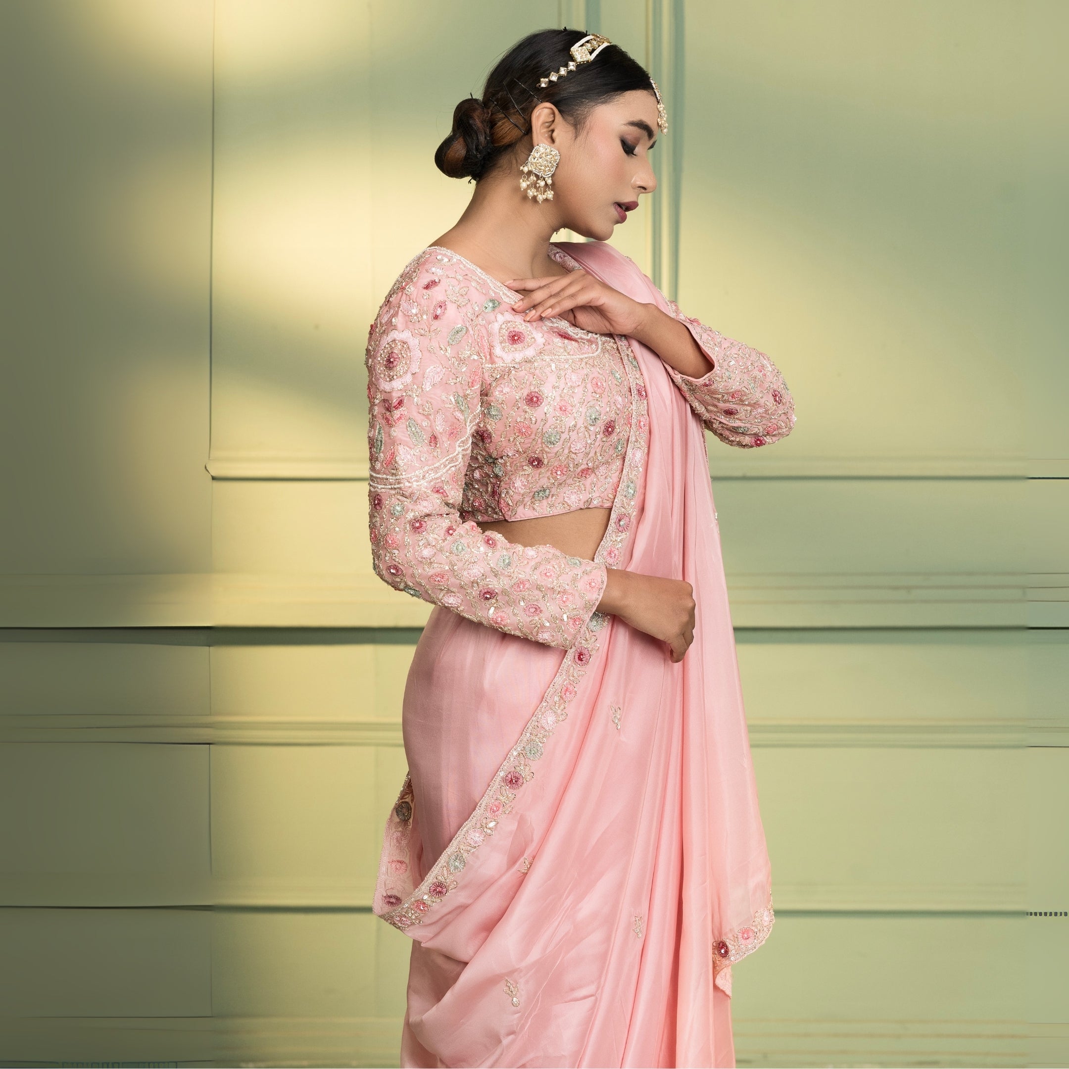 Blush Pink Tissue Embroidered Saree with Readymade Blouse