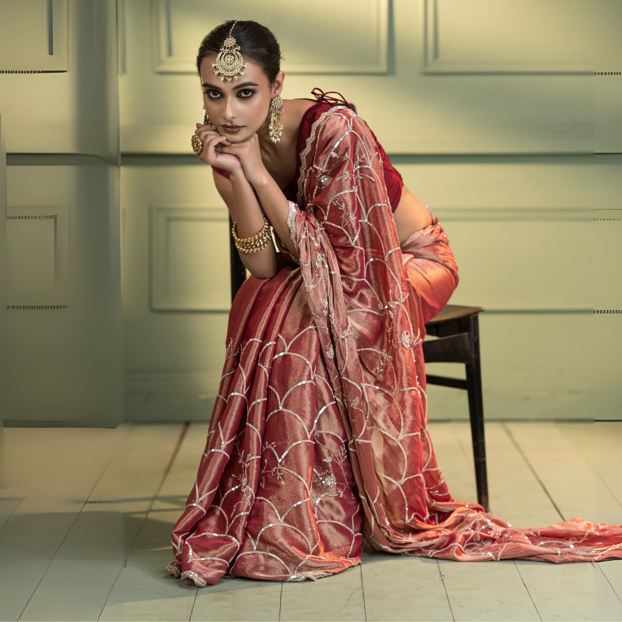 Rust Red Velvet Embroidered Saree with Scallop Pattern – Luxury Bridal & Festive Wear