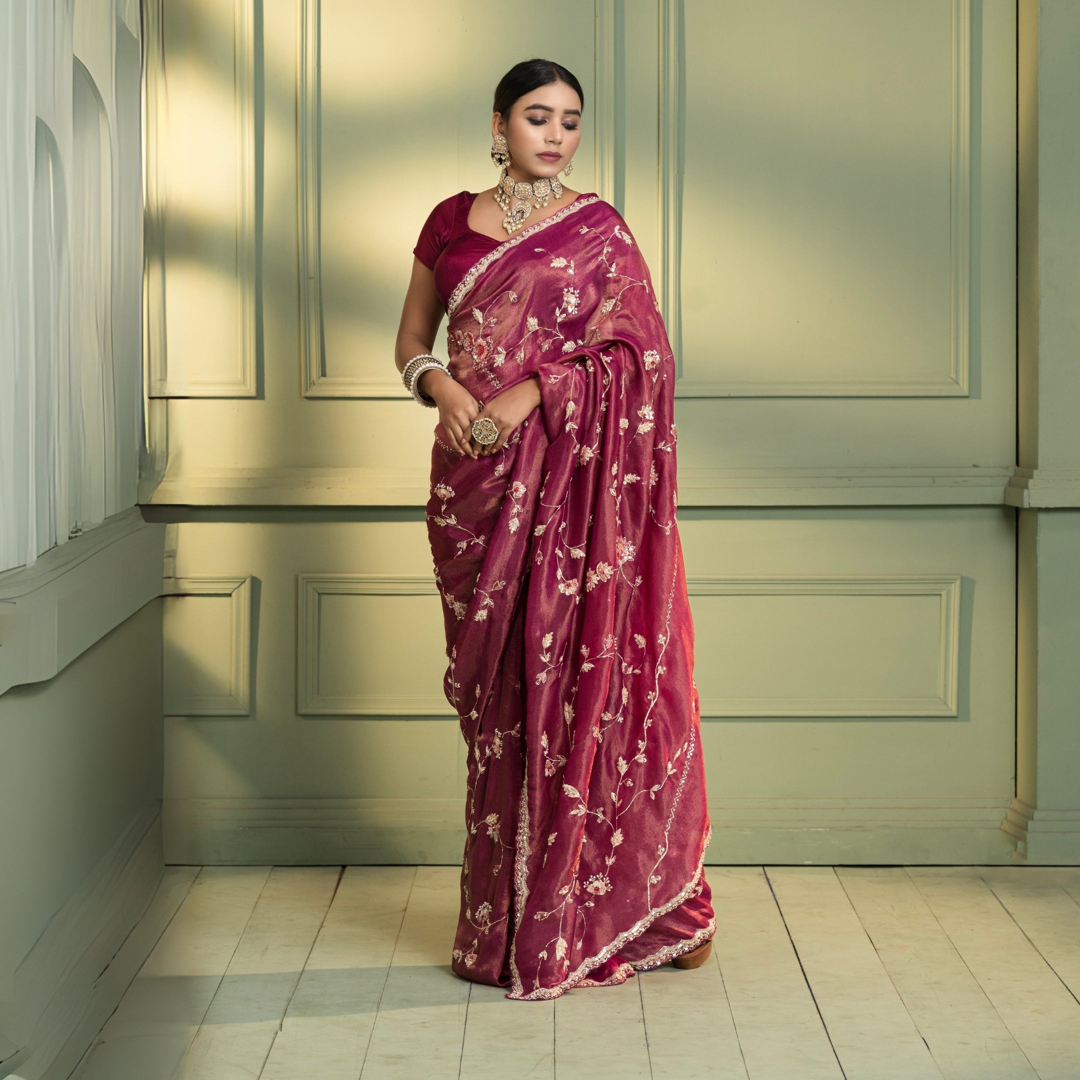 Maroon Floral Embroidered Saree with Blouse – Elegant Wedding & Festive Wear