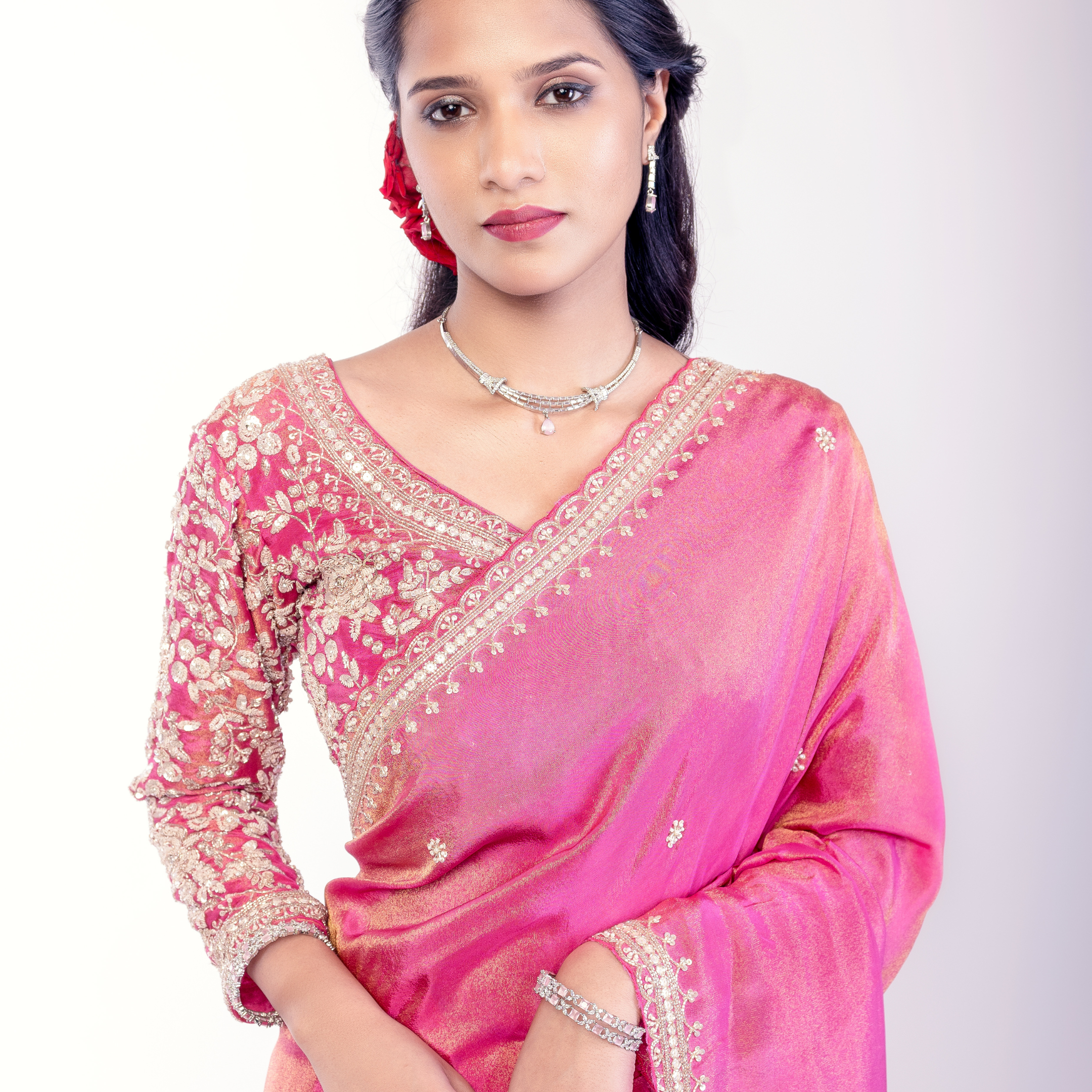 Lightweight Silk Saree with Subtle Embroidery & Contrast Blouse
