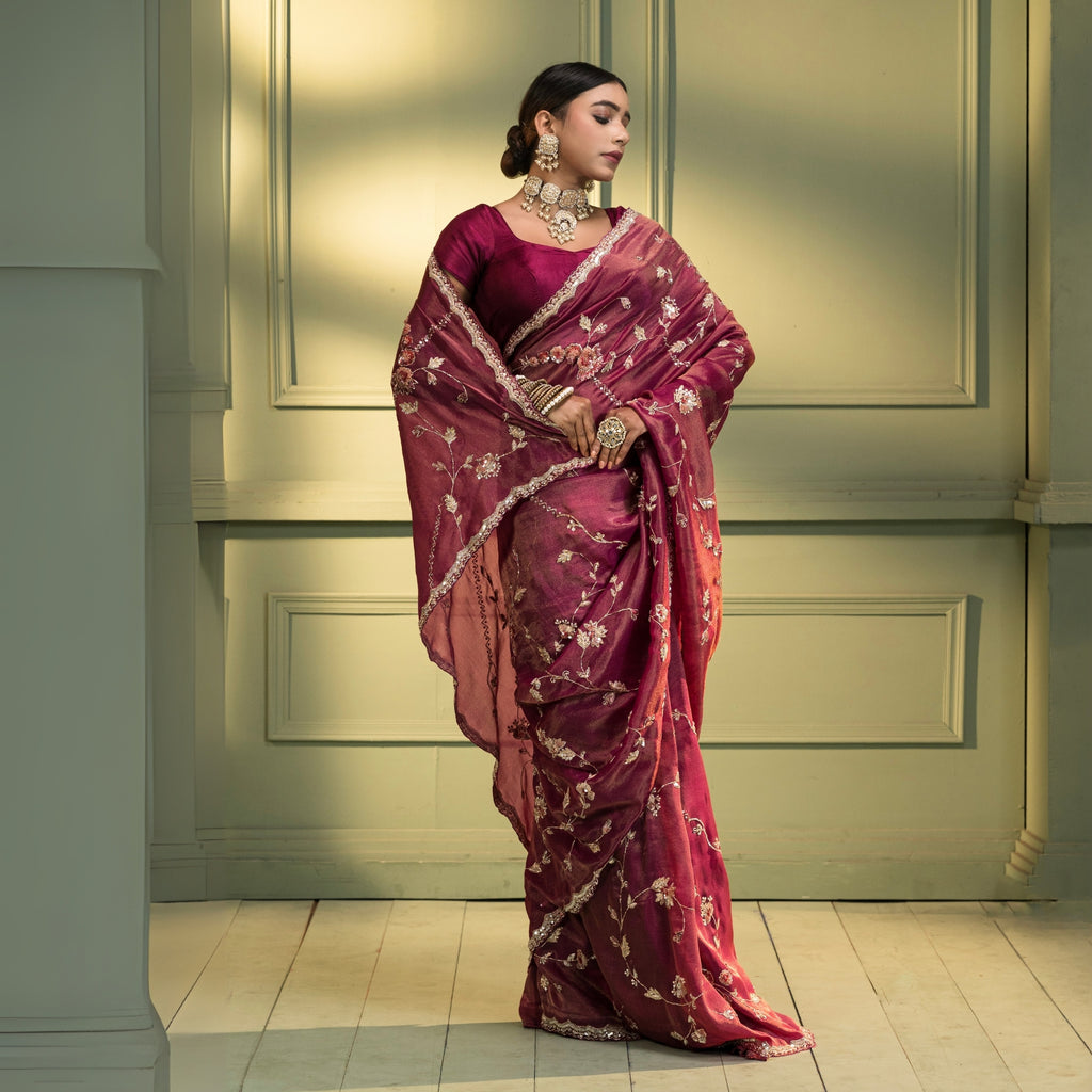 Maroon Floral Embroidered Saree with Blouse – Elegant Wedding & Festive Wear