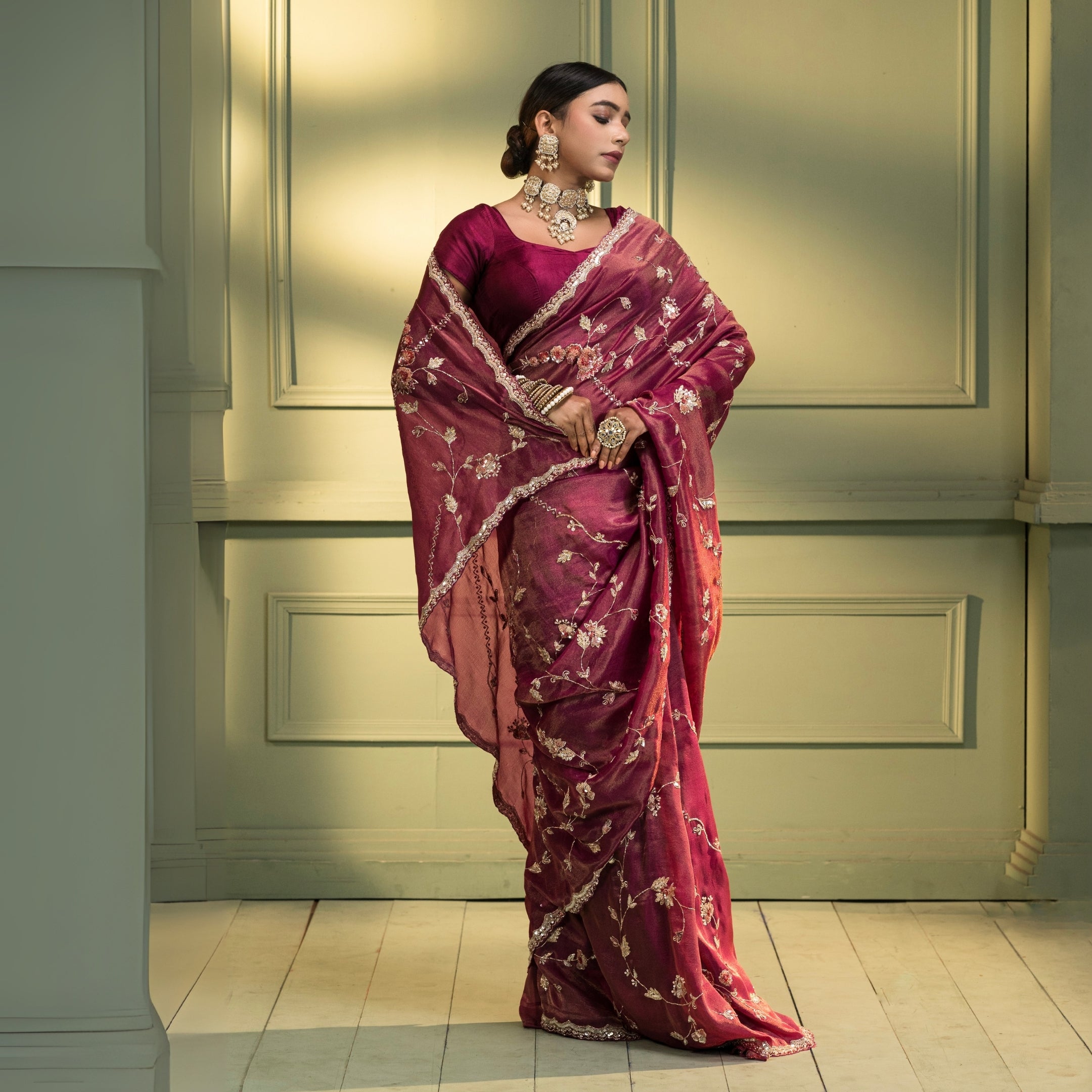 Maroon Floral Embroidered Saree with Blouse – Elegant Wedding & Festive Wear