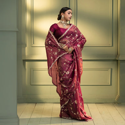 Maroon Floral Embroidered Saree with Blouse – Elegant Wedding & Festive Wear