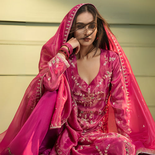 Dark Pink Floral Embroidered Kurta set with Dupatta