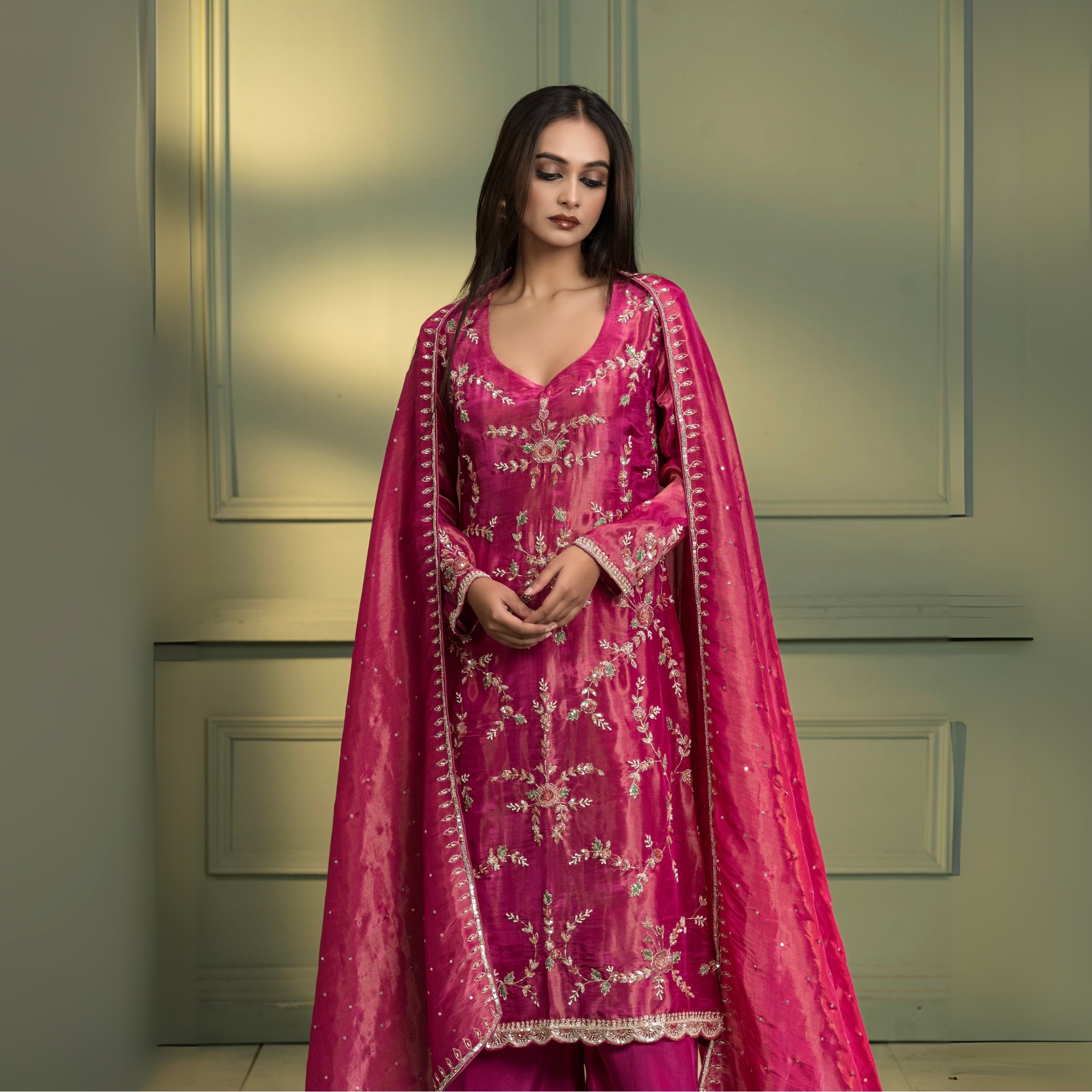 Dark Pink Floral Embroidered Kurta set with Dupatta