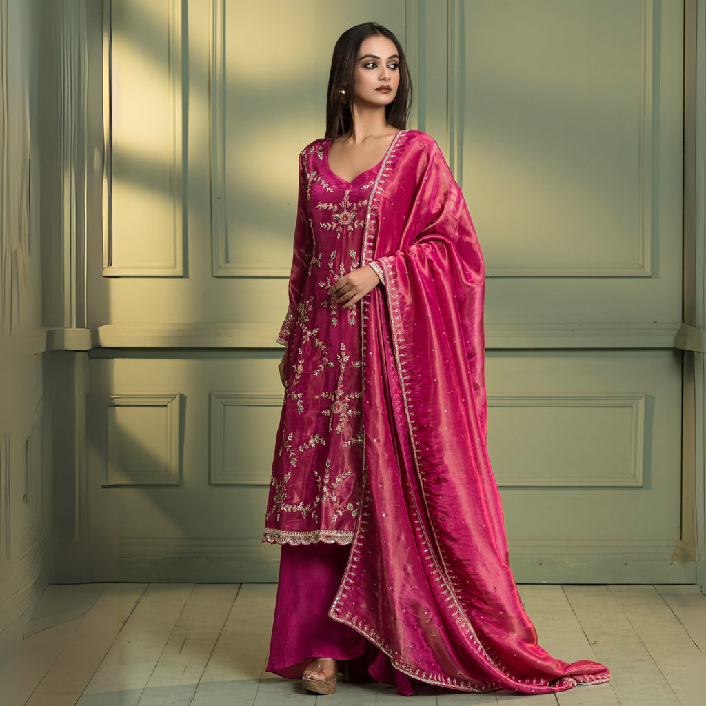 Dark Pink Floral Embroidered Kurta set with Dupatta