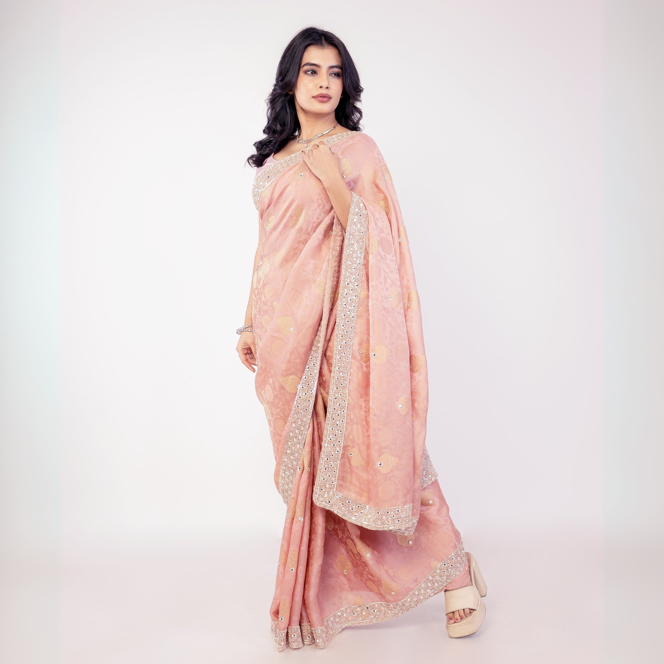Rose Pink Banarasi Saree with Sequin Border – Elegant Party & Wedding Wear