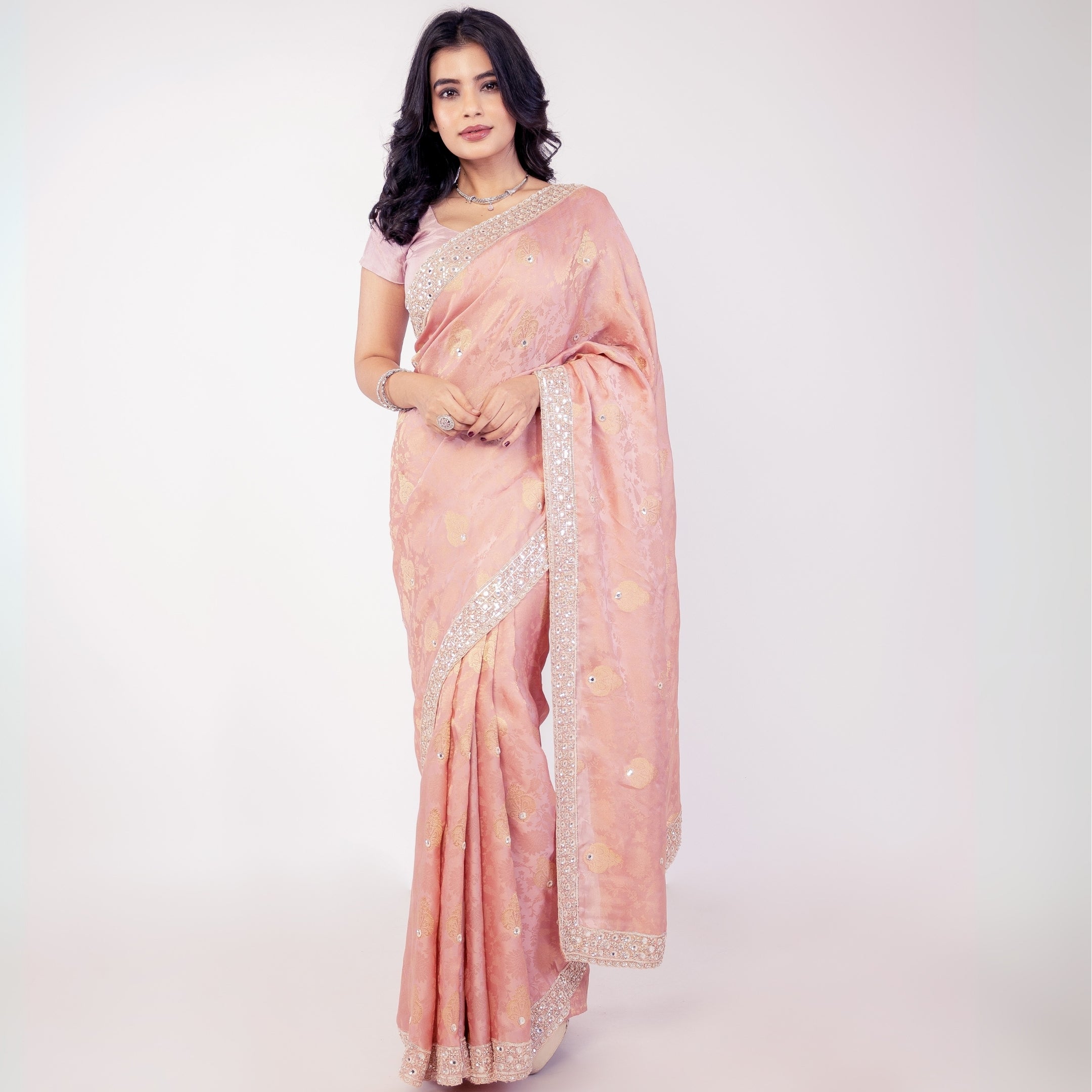 Rose Pink Banarasi Saree with Sequin Border – Elegant Party & Wedding Wear