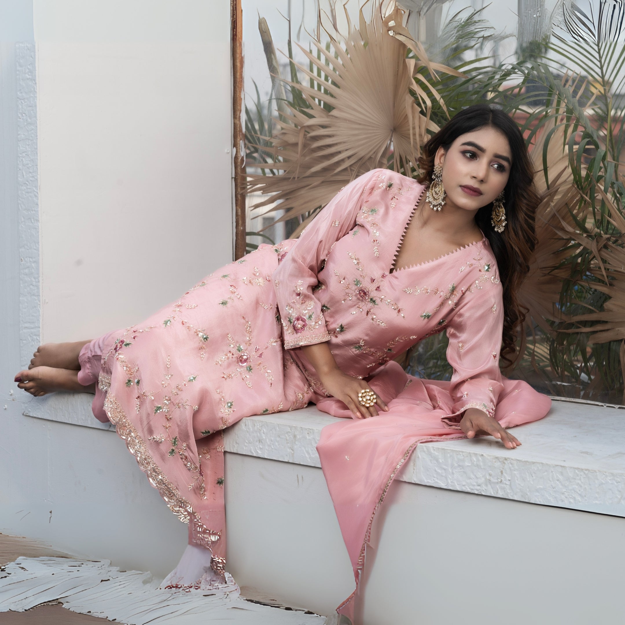 Pastel Pink Floral Embroidered Kurta Set with Dupatta