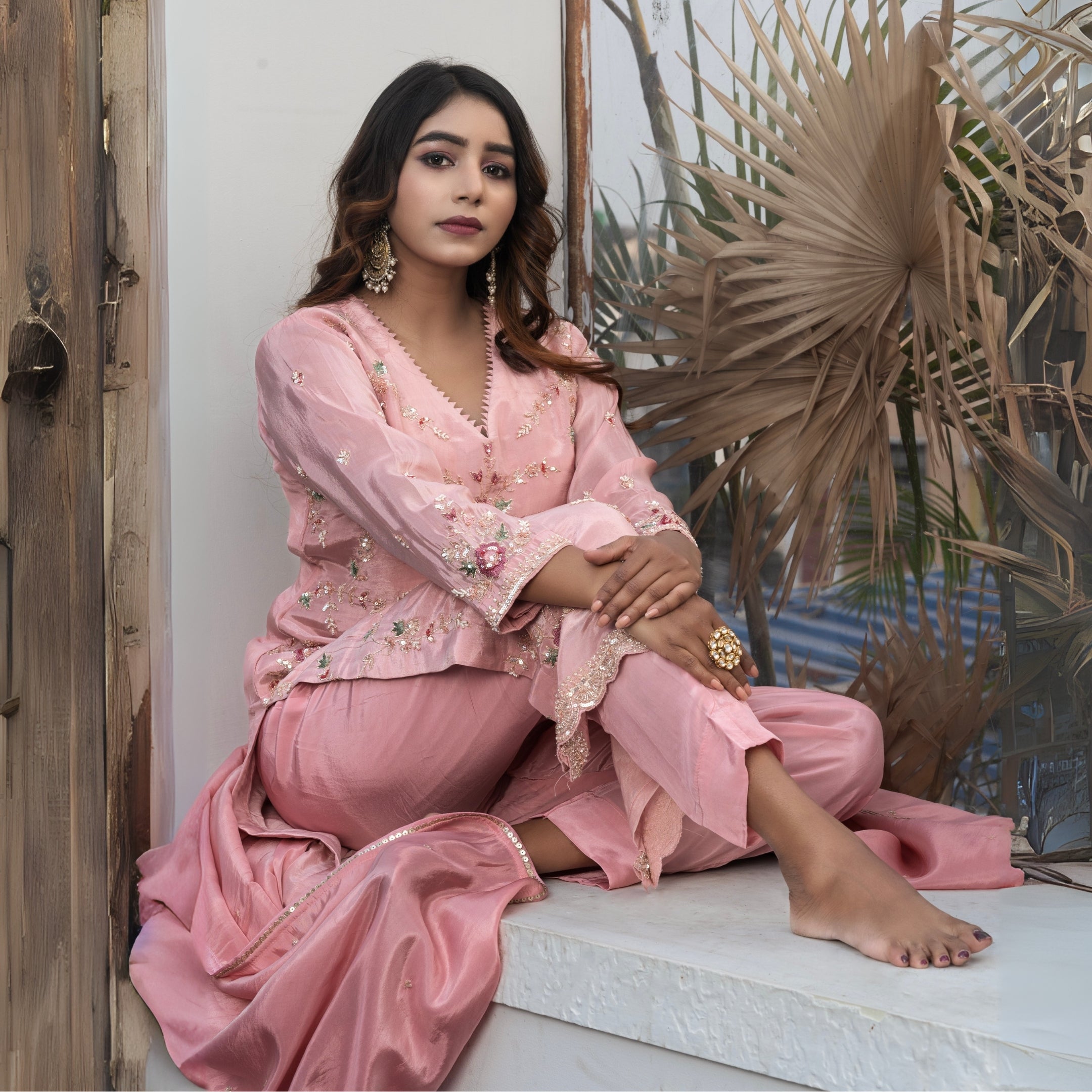 Pastel Pink Floral Embroidered Kurta Set with Dupatta