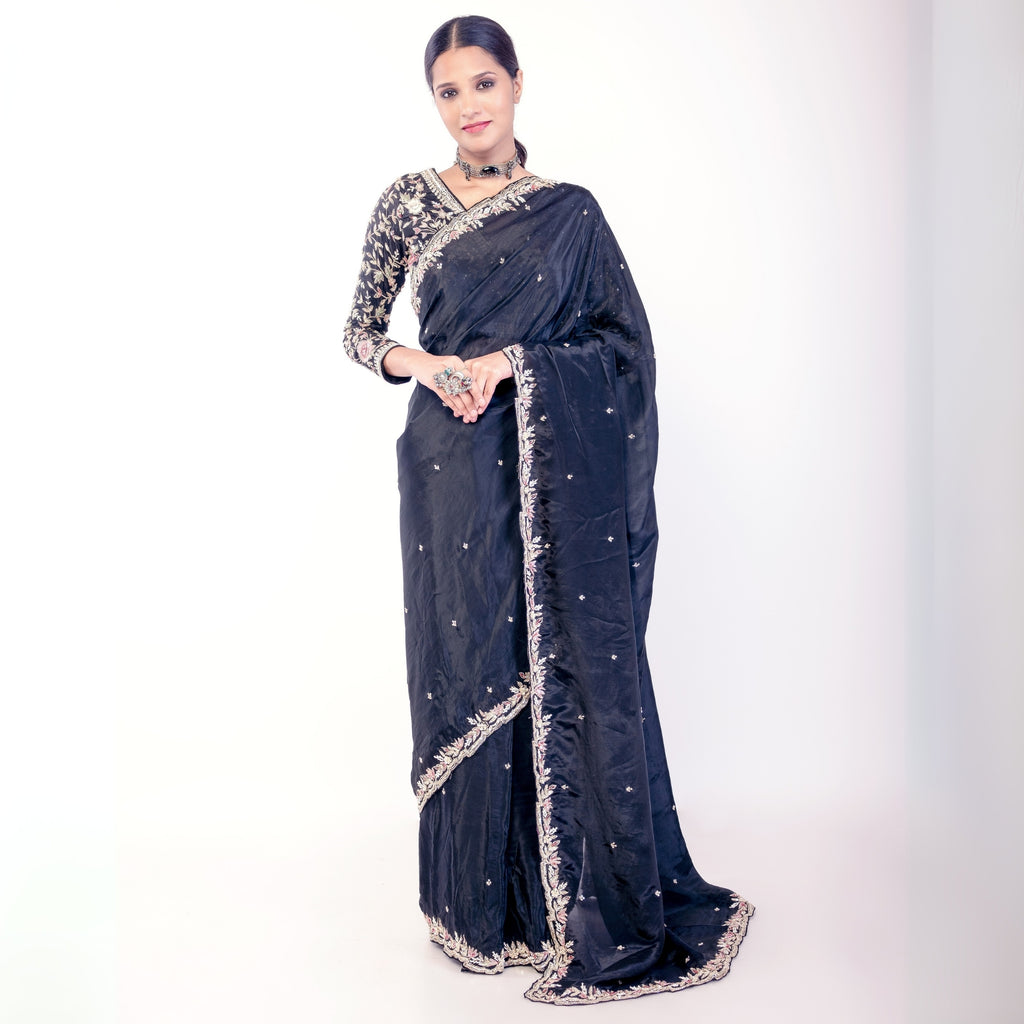 Luxury Black Embroidered Saree with Floral Work & Matching Blouse – Wedding & Party Wear