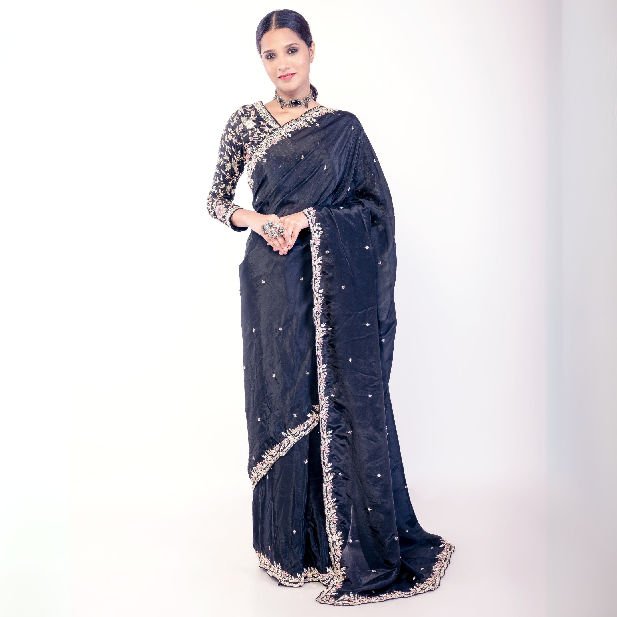 Luxury Black Embroidered Saree with Floral Work & Matching Blouse – Wedding & Party Wear
