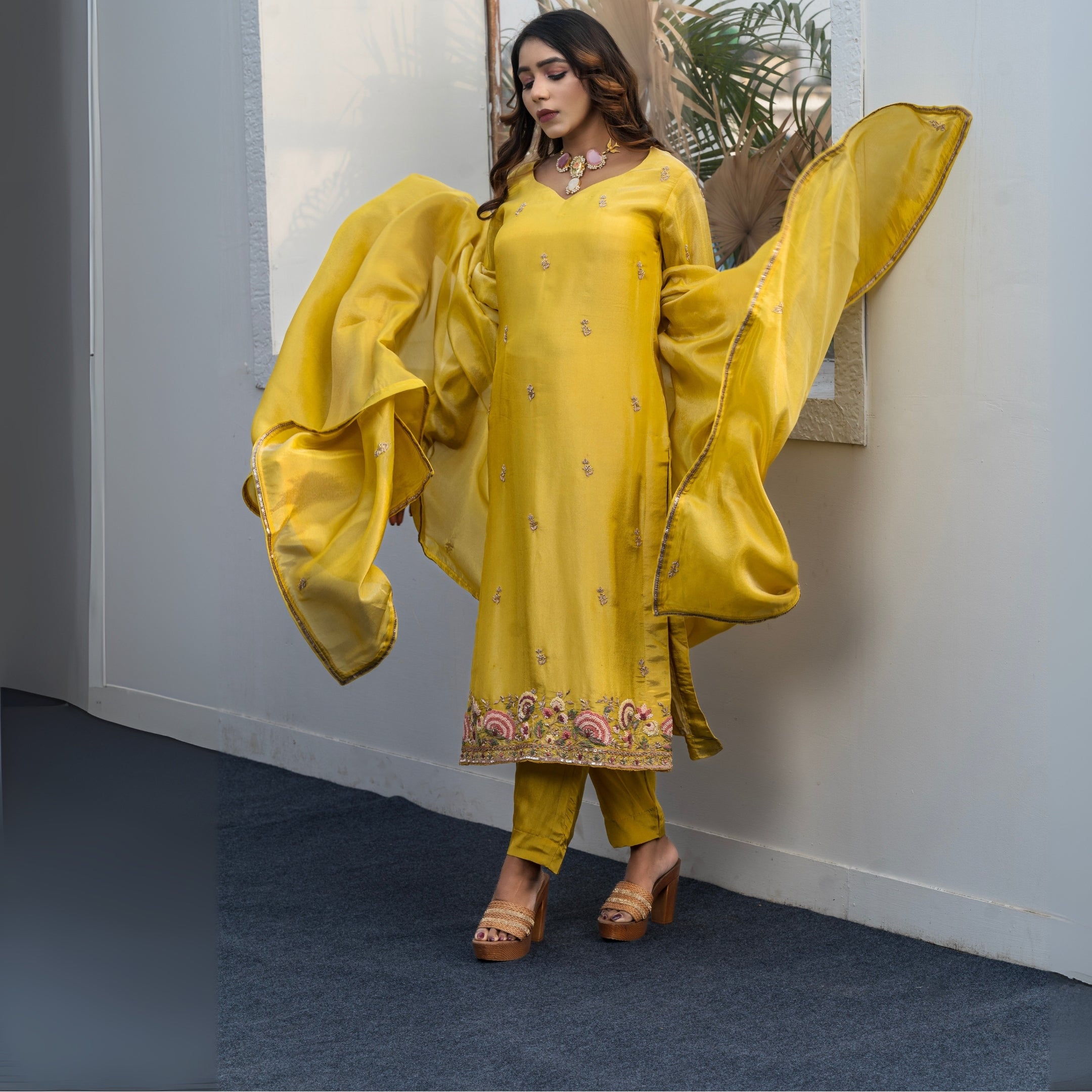Mustard Yellow Embroidered Kurta Set with Dupatta – Festive & Wedding Guest Wear