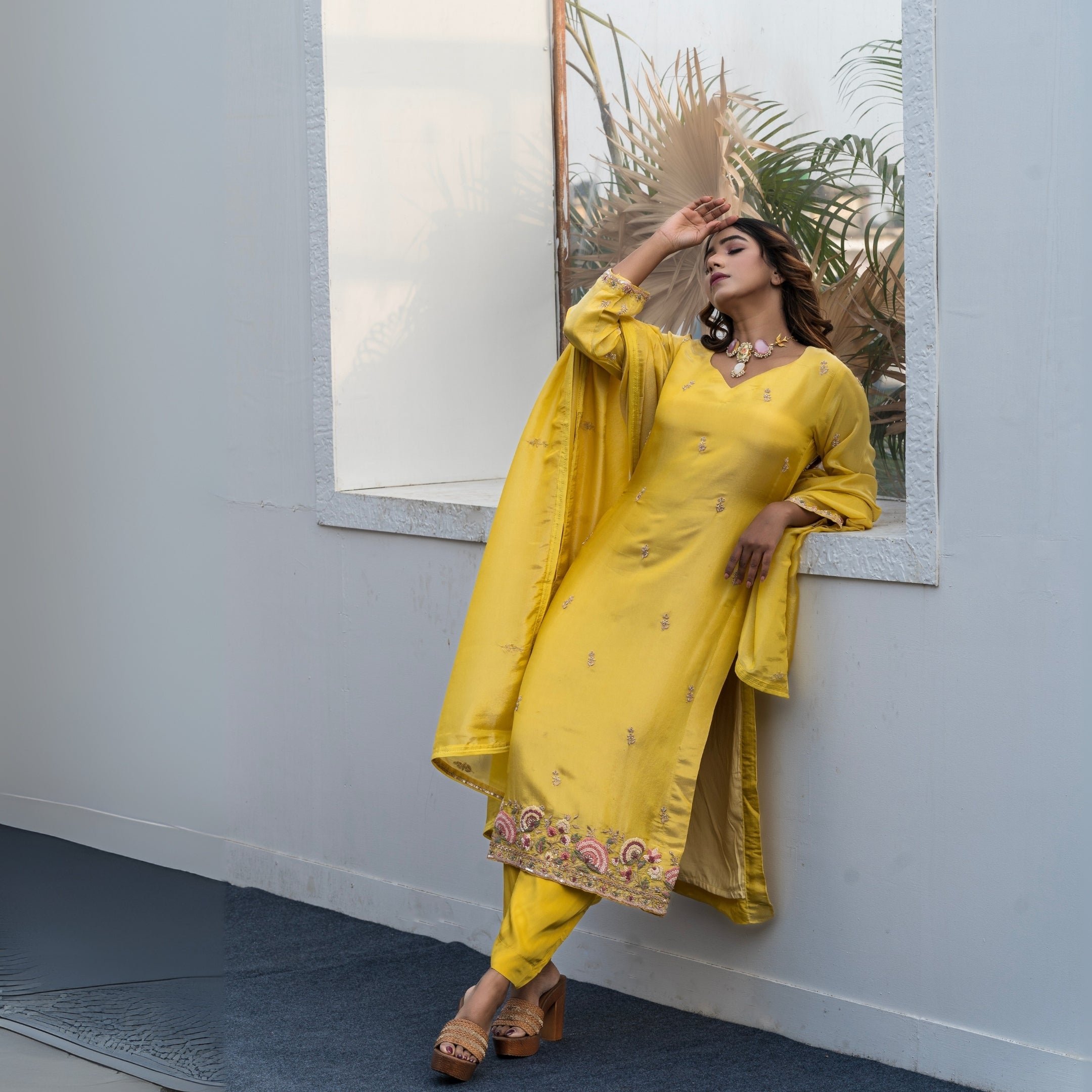 Mustard Yellow Embroidered Kurta Set with Dupatta – Festive & Wedding Guest Wear
