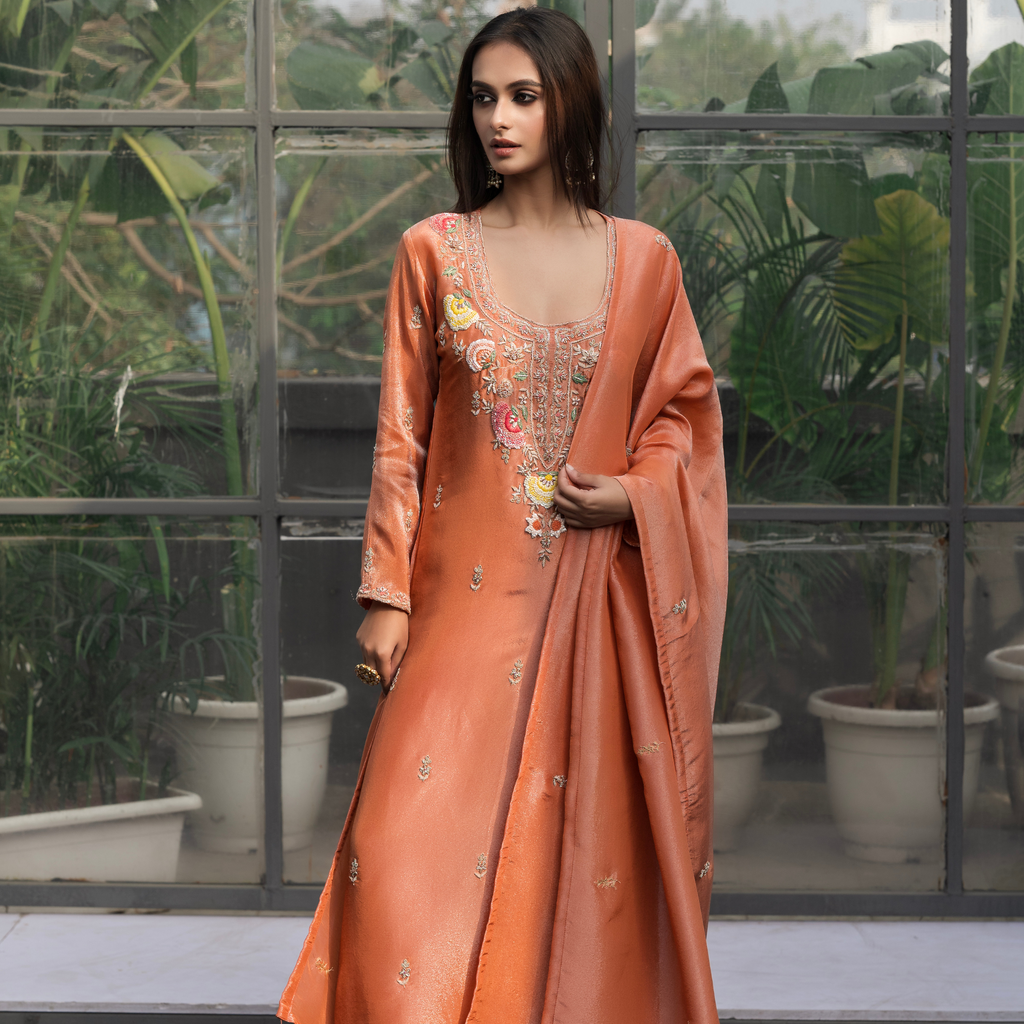 Peach & Orange Embroidered Kurta Set – Festive Duo Collection