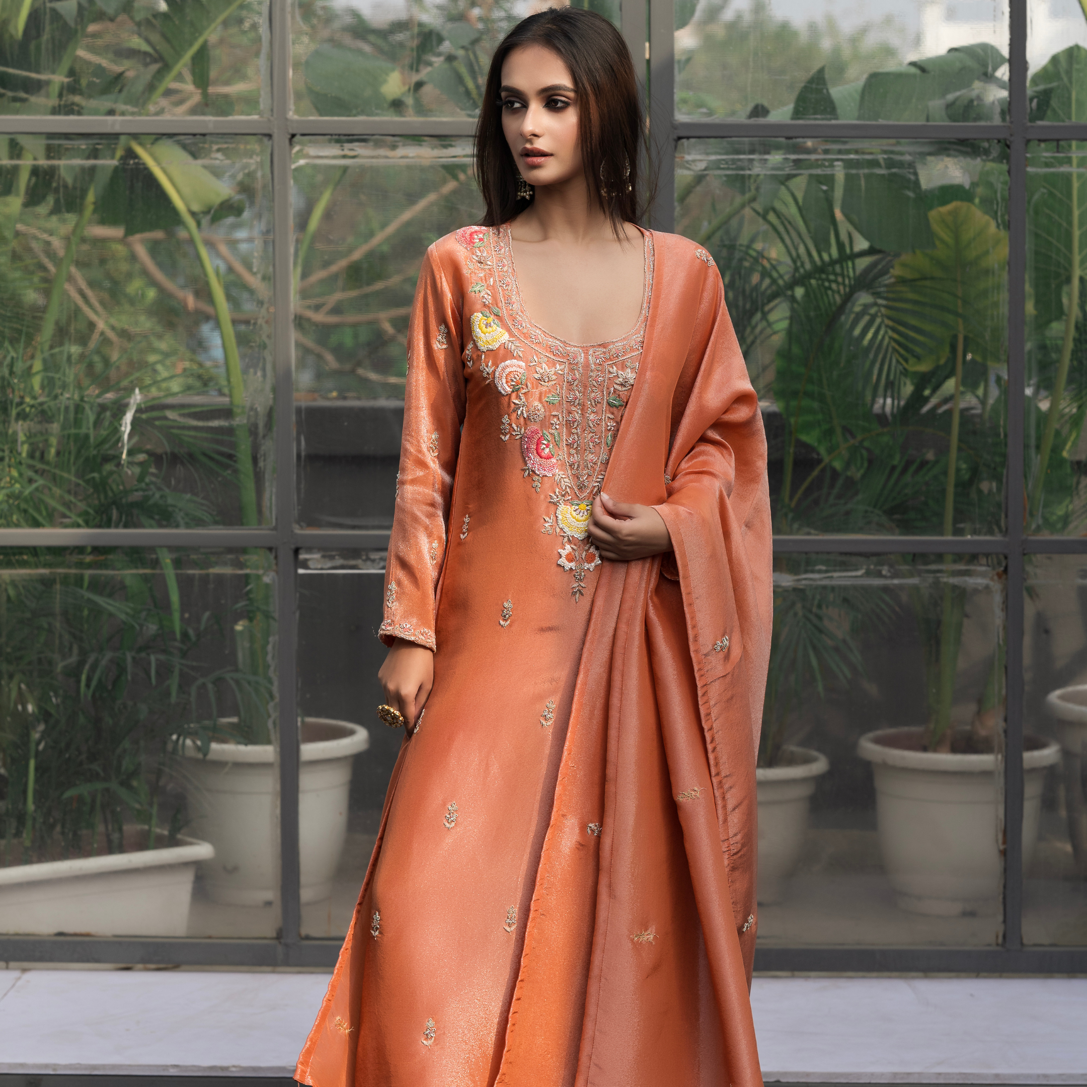 Peach & Orange Embroidered Kurta Set – Festive Duo Collection
